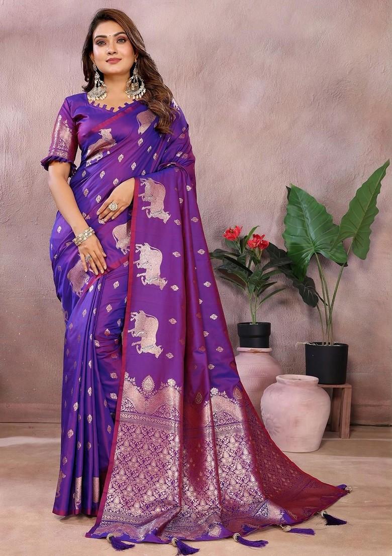 Purple Embroidered Blended Saree Set - Indya