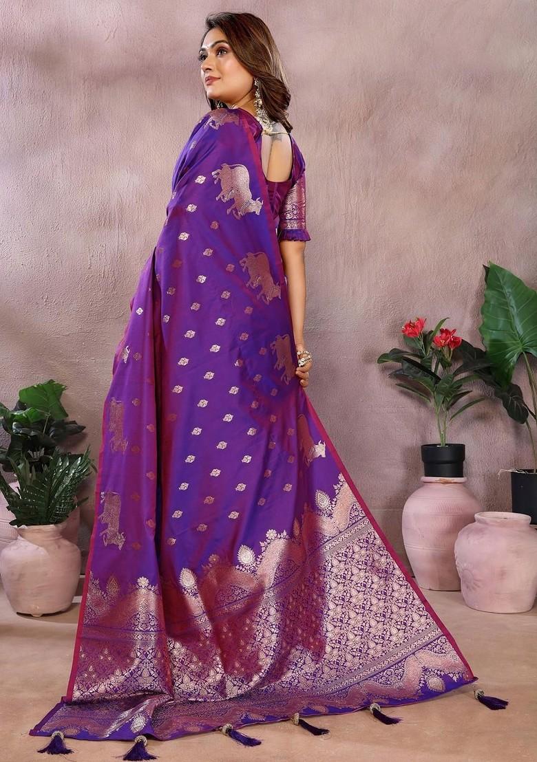 Purple Embroidered Blended Saree Set - Indya