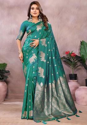 Teal Embroidered Blended Saree Set