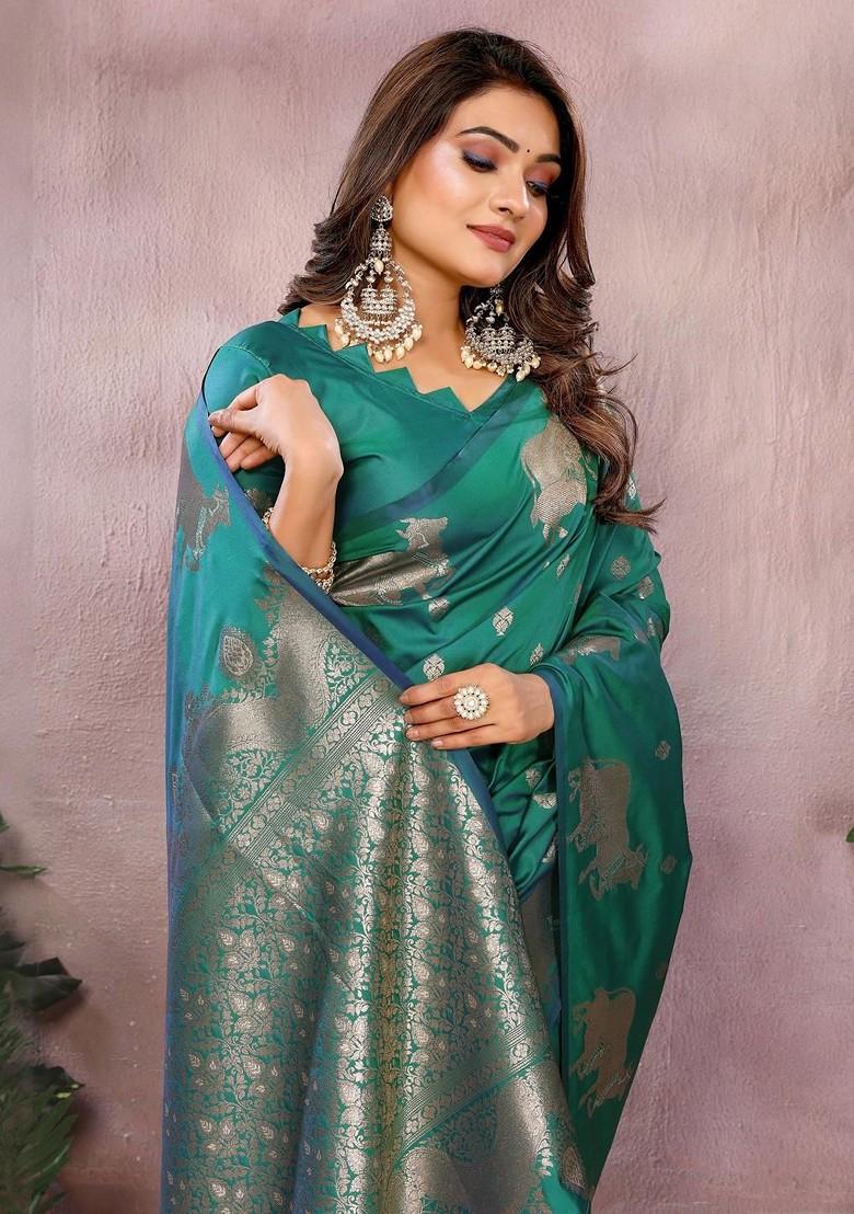 Teal Embroidered Blended Saree Set - Indya