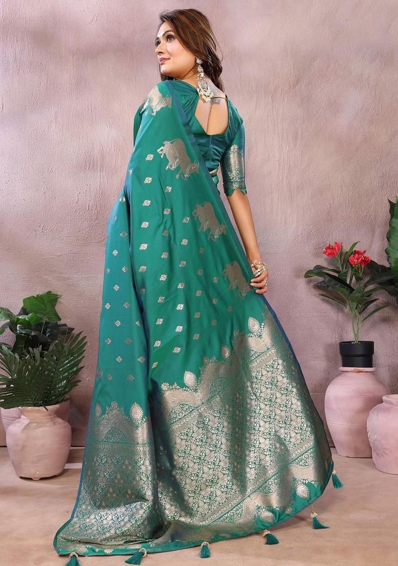 Teal Embroidered Blended Saree Set - Indya