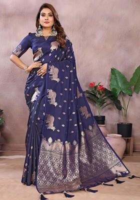 Blue Embroidered Blended Saree Set