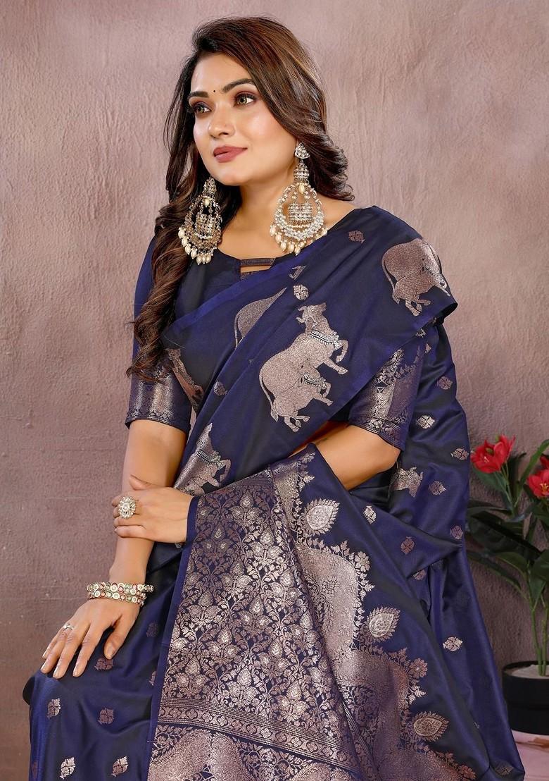 Blue Embroidered Blended Saree Set - Indya