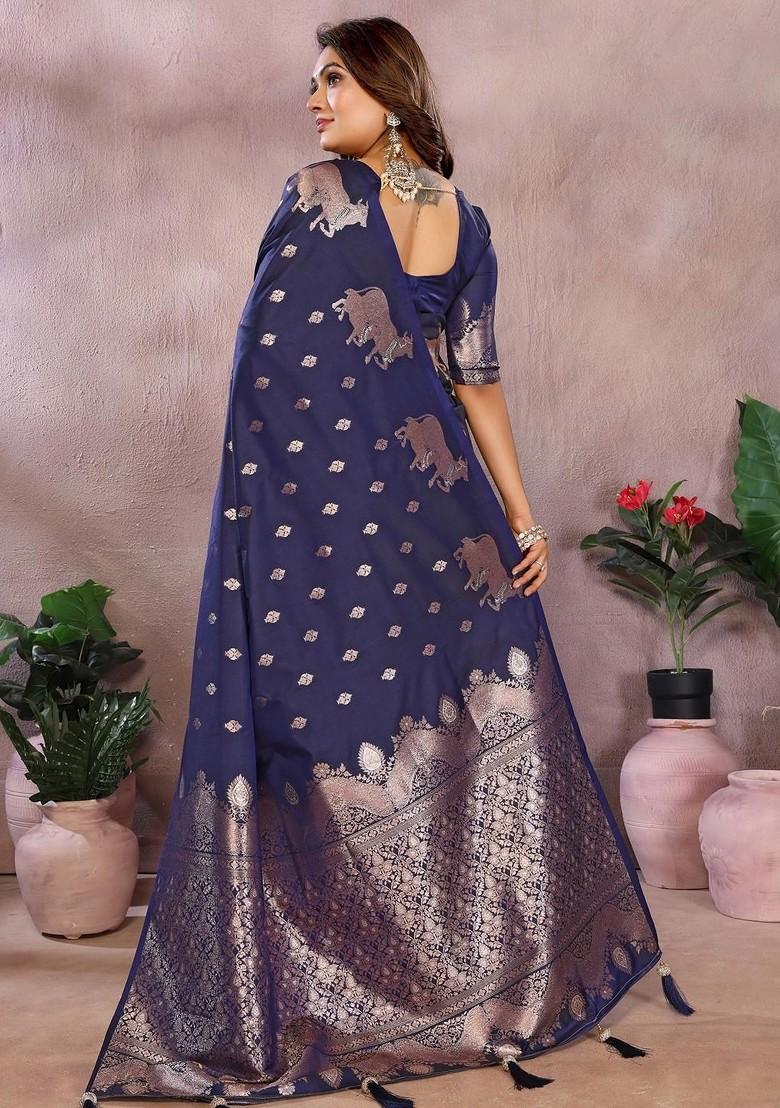 Blue Embroidered Blended Saree Set - Indya