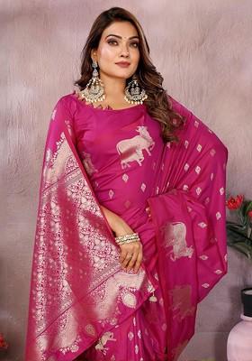 Pink Embroidered Blended Saree Set