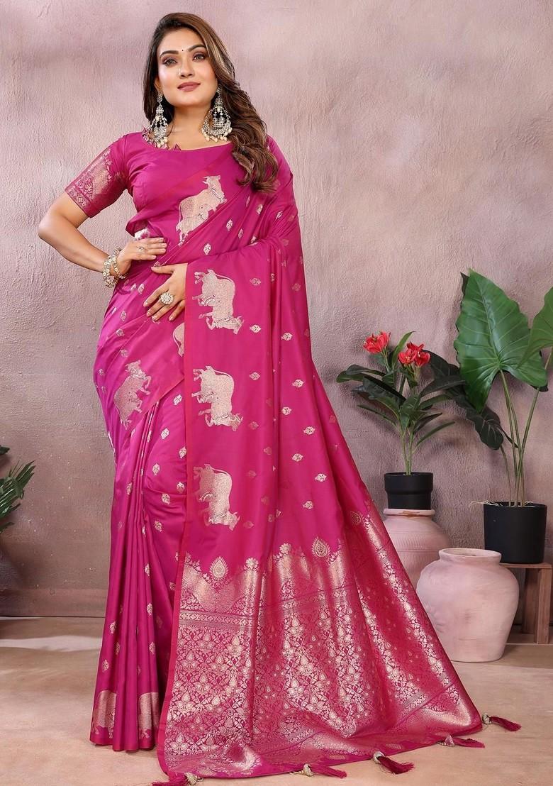 Pink Embroidered Blended Saree Set - Indya