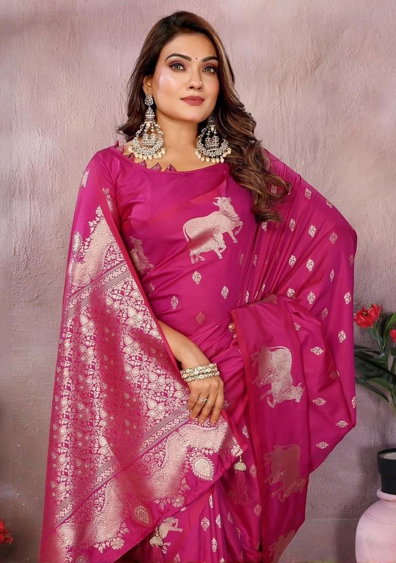 Pink Embroidered Blended Saree Set - Indya