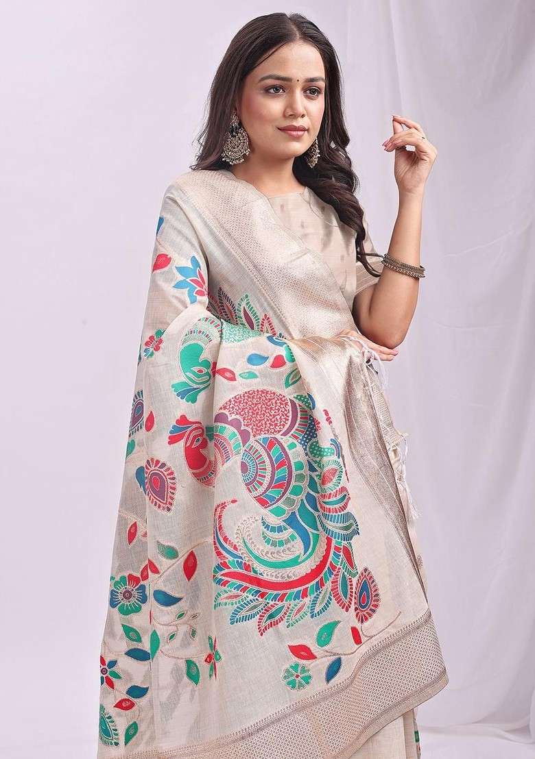 White Blended Saree Set with Embroidered for Diwali | Wedding & Festive Wear - Indya