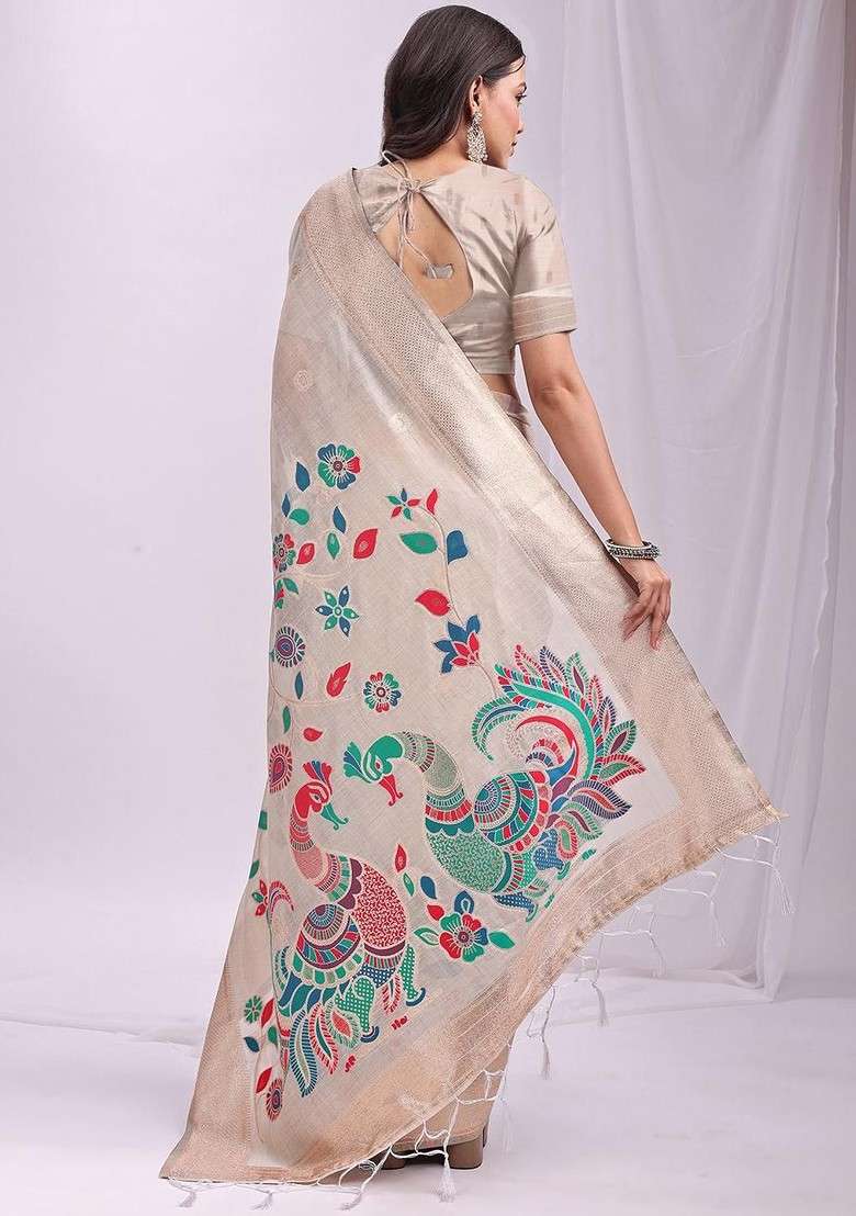 White Blended Saree Set with Embroidered for Diwali | Wedding & Festive Wear - Indya