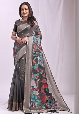 Grey Embroidered Blended Saree Set