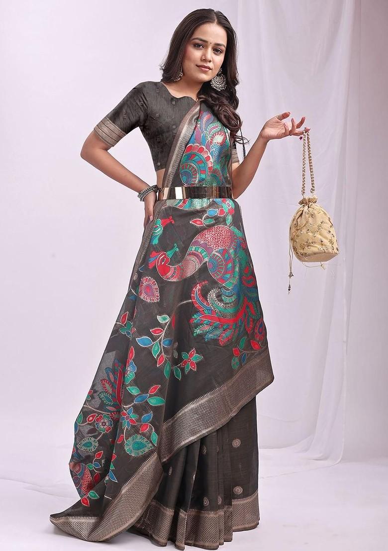 Grey Embroidered Blended Saree Set - Indya