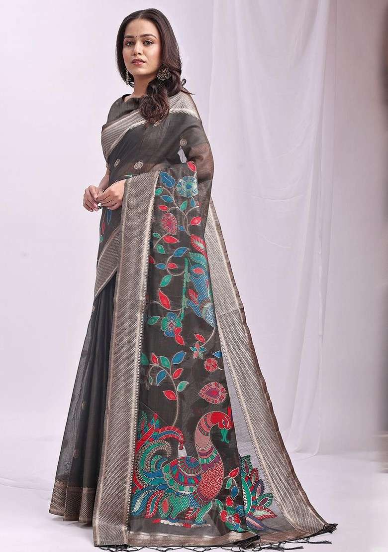 Grey Embroidered Blended Saree Set for Diwali and Festive Wear - Indya