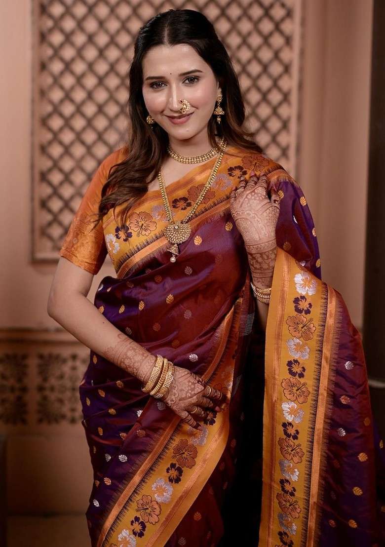 Brown Blended Saree Set with Embroidered for Diwali | Wedding & Festive Wear - Indya