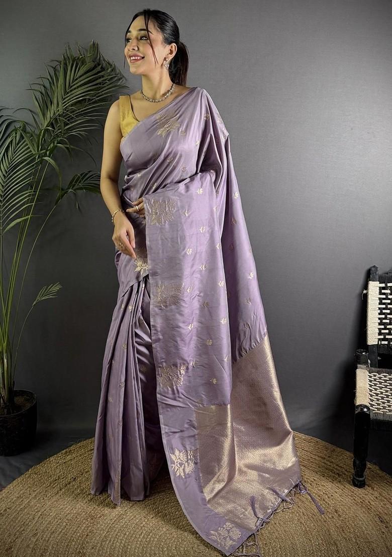 Lavender Embroidered Blended Saree Set - Indya