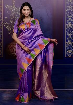 Lavender Embroidered Blended Saree Set