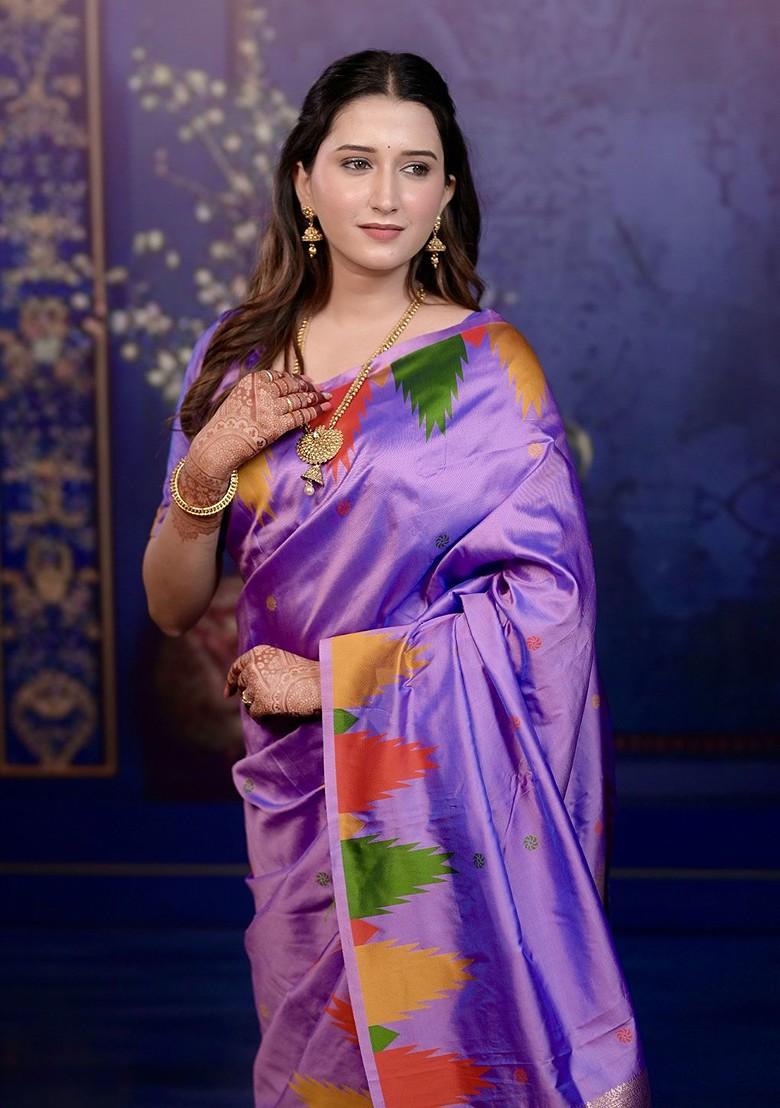 Lavender Embroidered Blended Saree Set - Indya