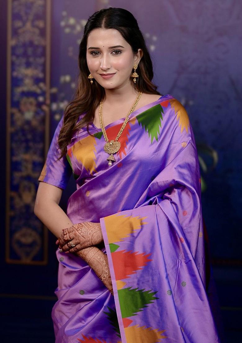 Lavender Embroidered Blended Saree Set - Indya