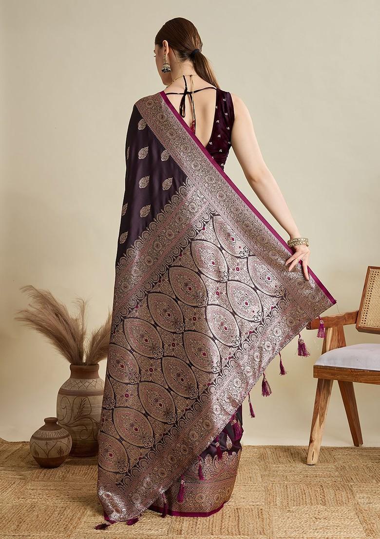 Burgundy Embroidered Blended Saree Set - Indya