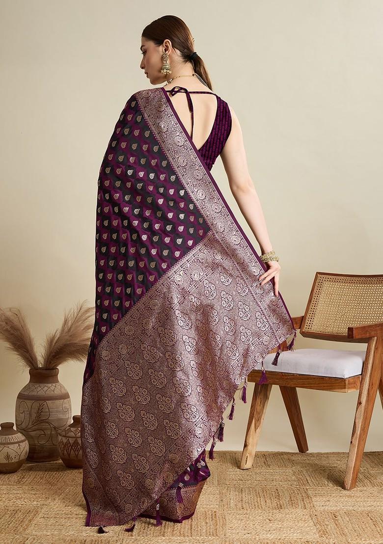 Burgundy Embroidered Blended Saree Set - Indya
