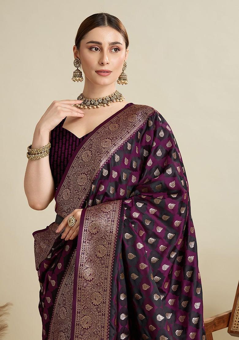 Burgundy Embroidered Blended Saree Set - Indya