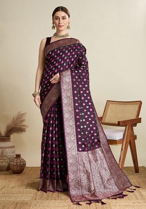 Burgundy Embroidered Blended Saree Set — view on Indya