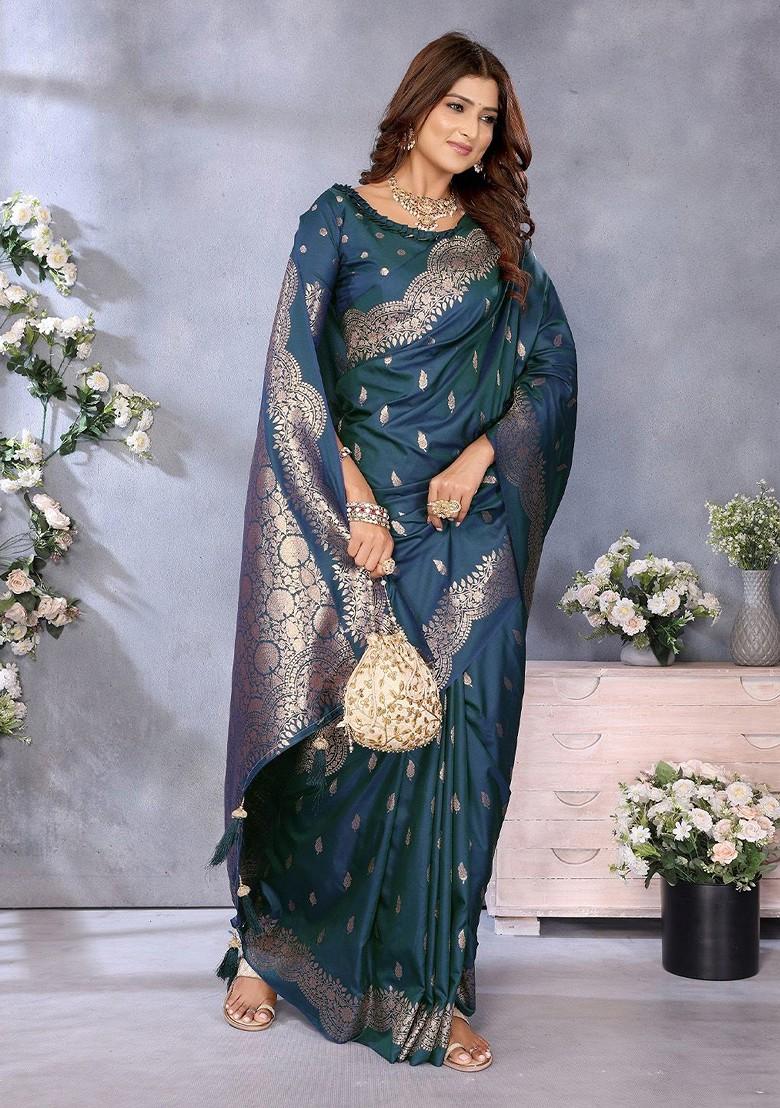 Blue Embroidered Blended Saree Set - Indya