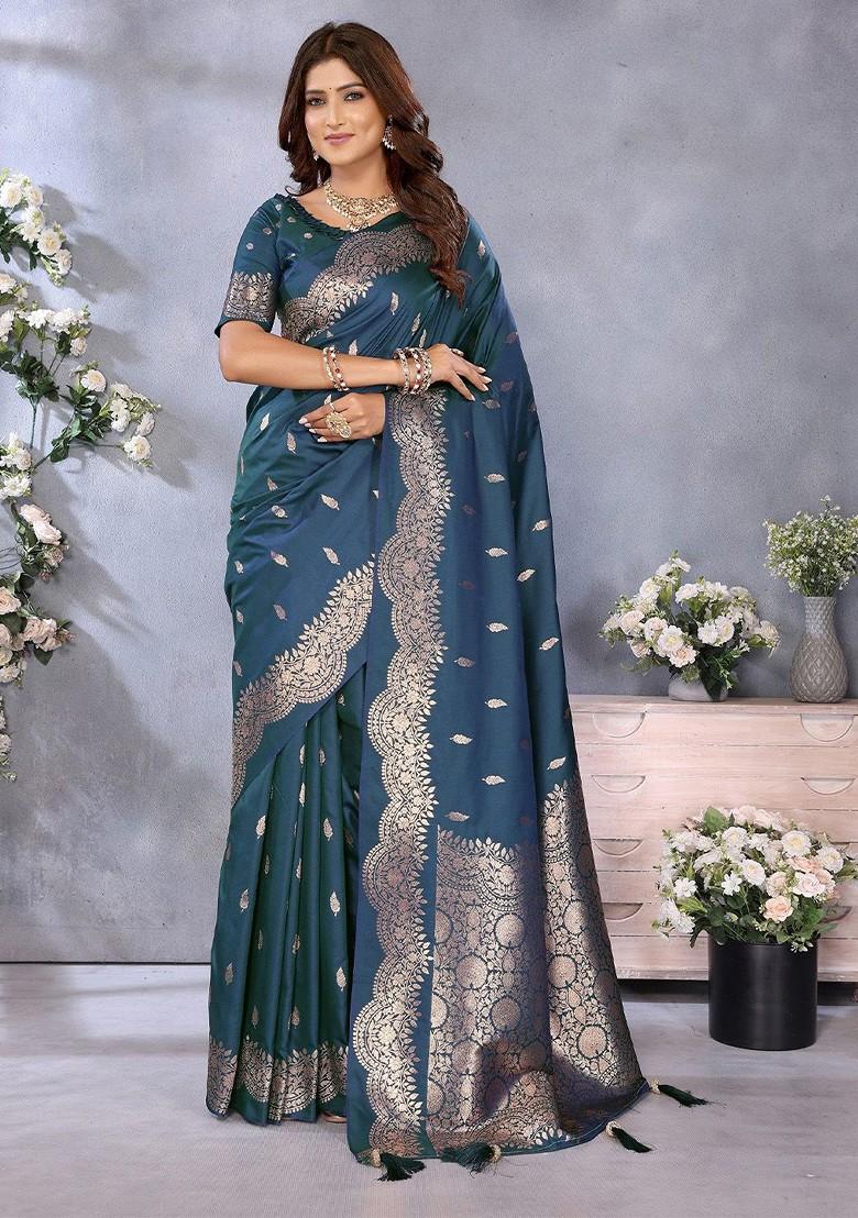 Blue Embroidered Blended Saree Set - Indya