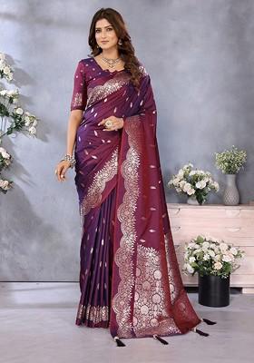 Maroon Embroidered Blended Saree Set