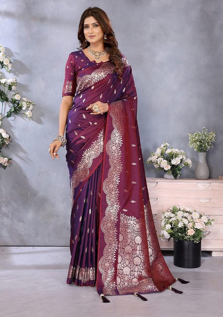 Maroon Embroidered Blended Saree Set - Indya