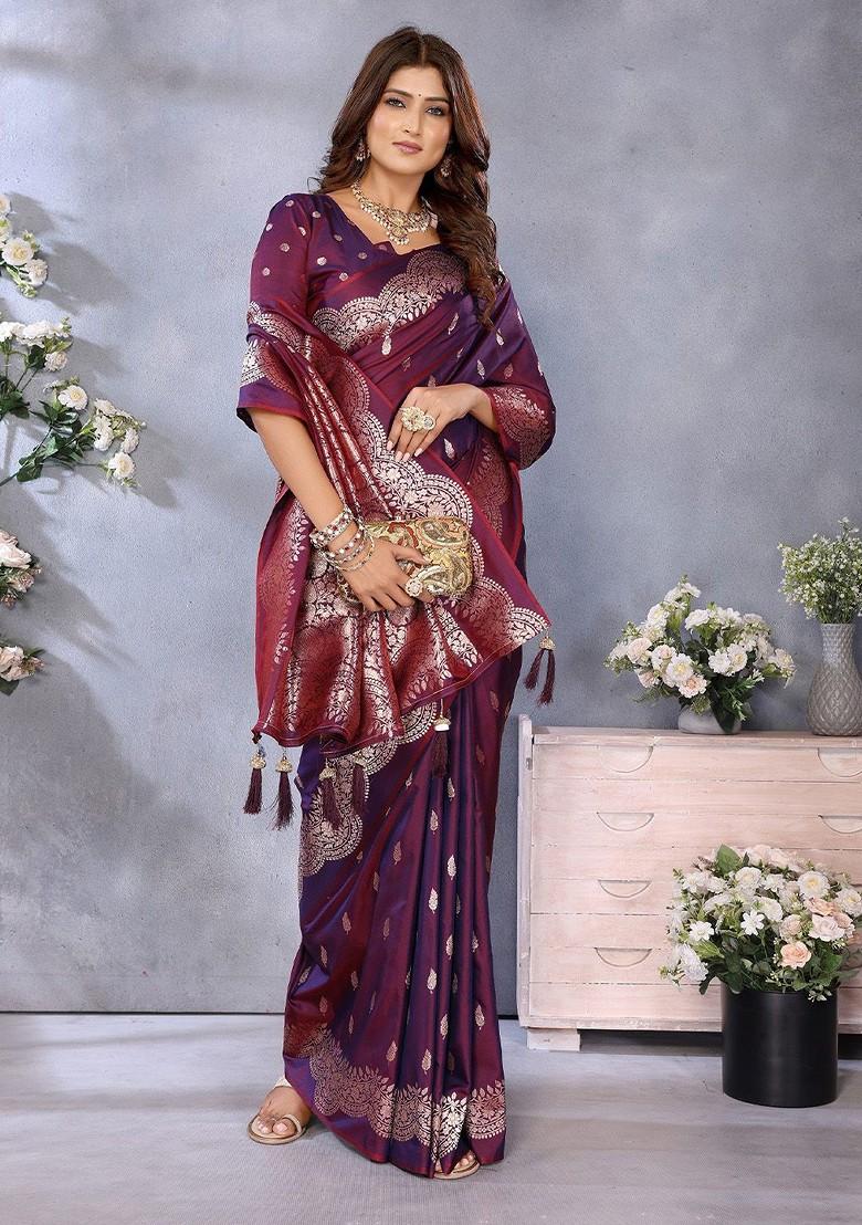 Maroon Embroidered Blended Saree Set - Indya