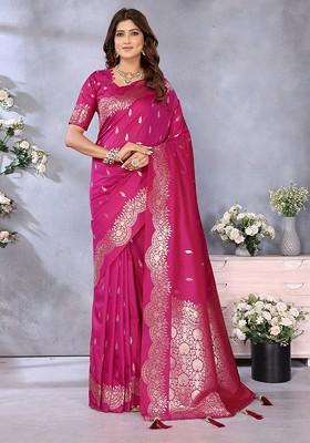 Pink Embroidered Blended Saree Set