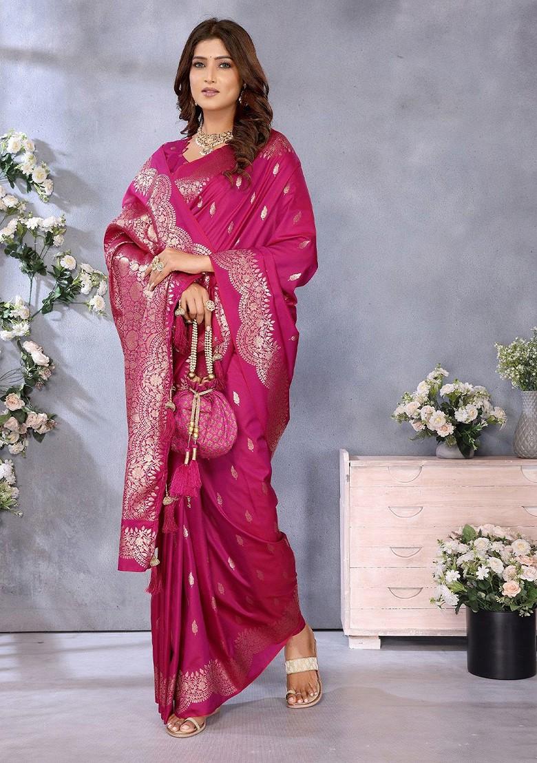 Pink Embroidered Blended Saree Set - Indya