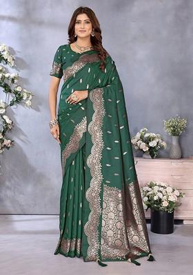 Green Embroidered Blended Saree Set