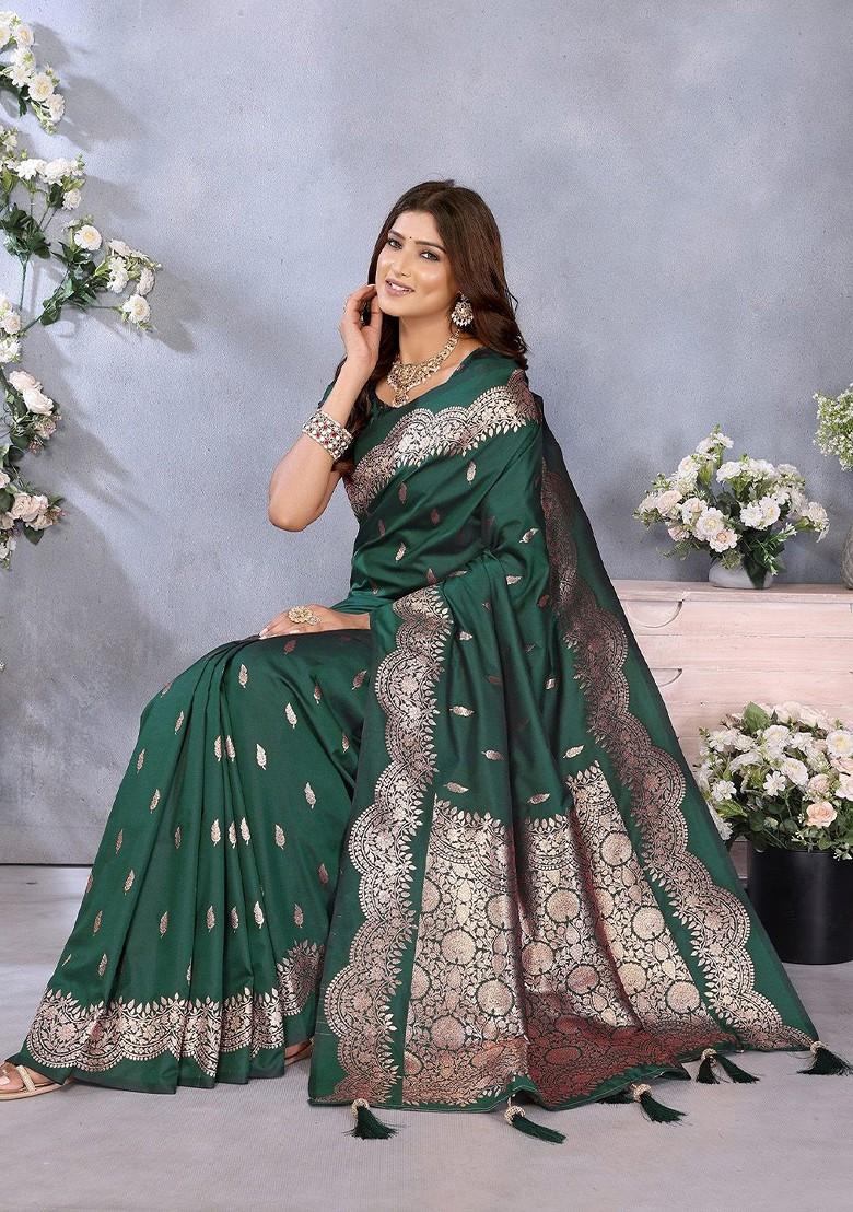 Green Embroidered Blended Saree Set - Indya