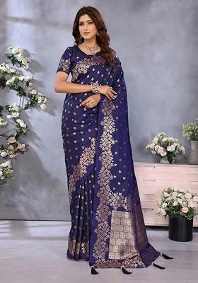 Blue Embroidered Blended Saree Set