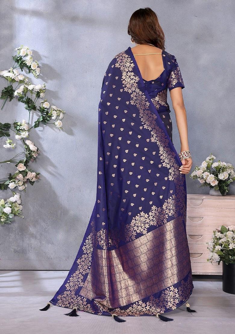 Blue Embroidered Blended Saree Set - Indya