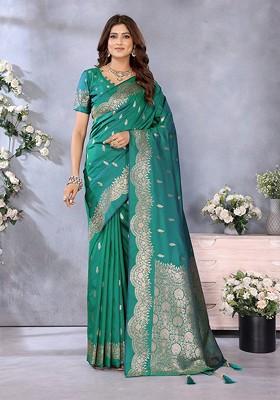 Teal Embroidered Blended Saree Set