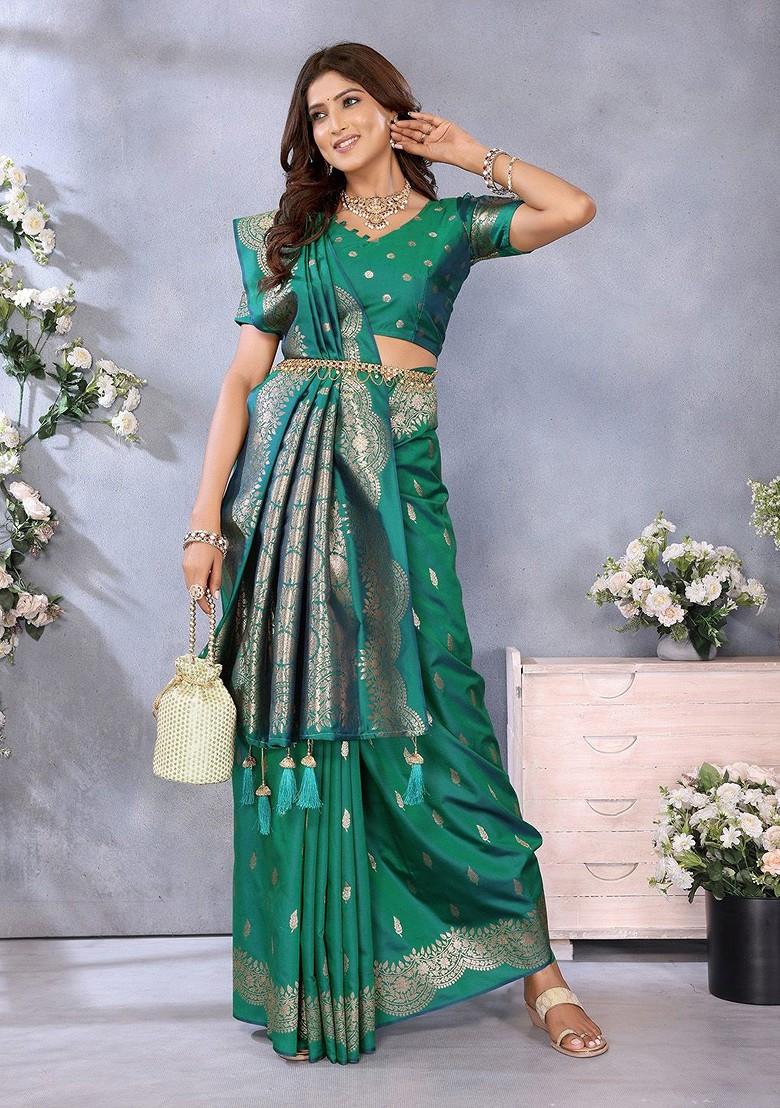 Teal Embroidered Blended Saree Set - Indya