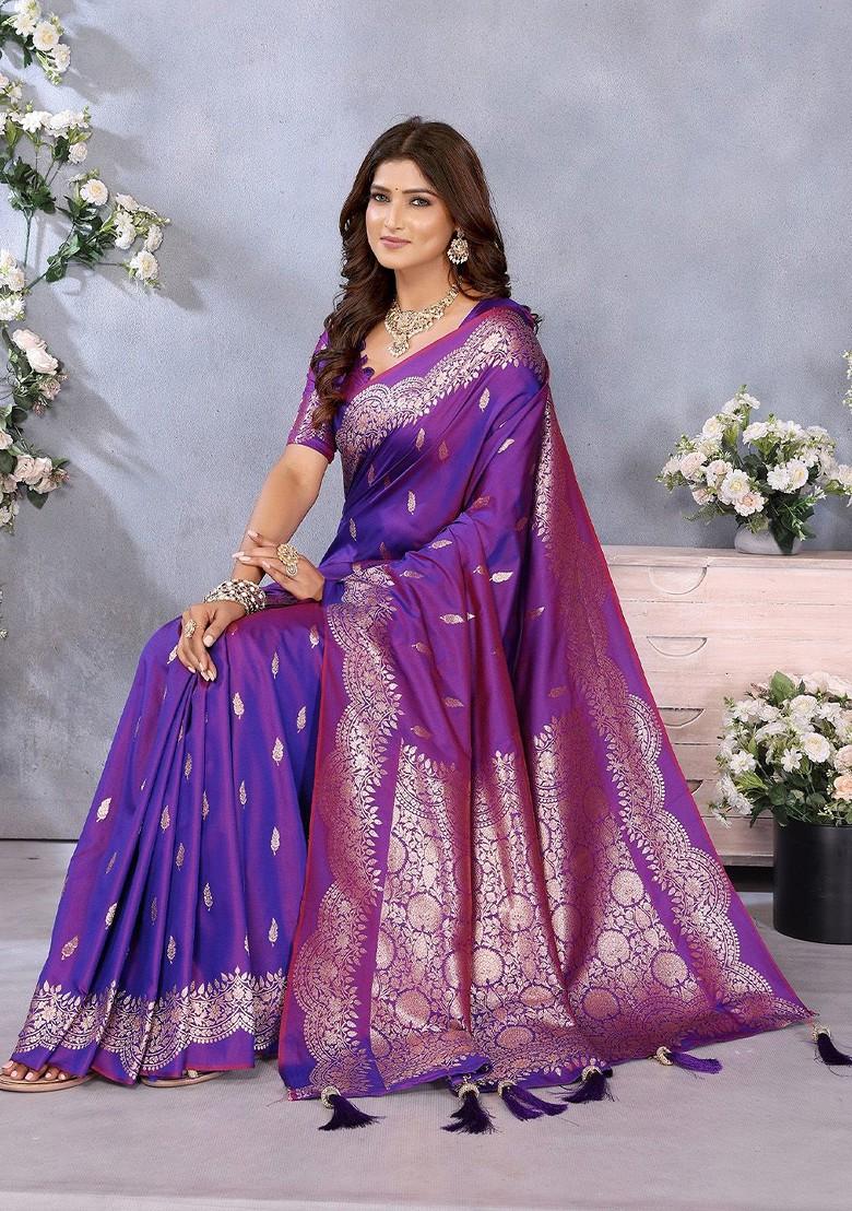 Purple Embroidered Blended Saree Set - Indya