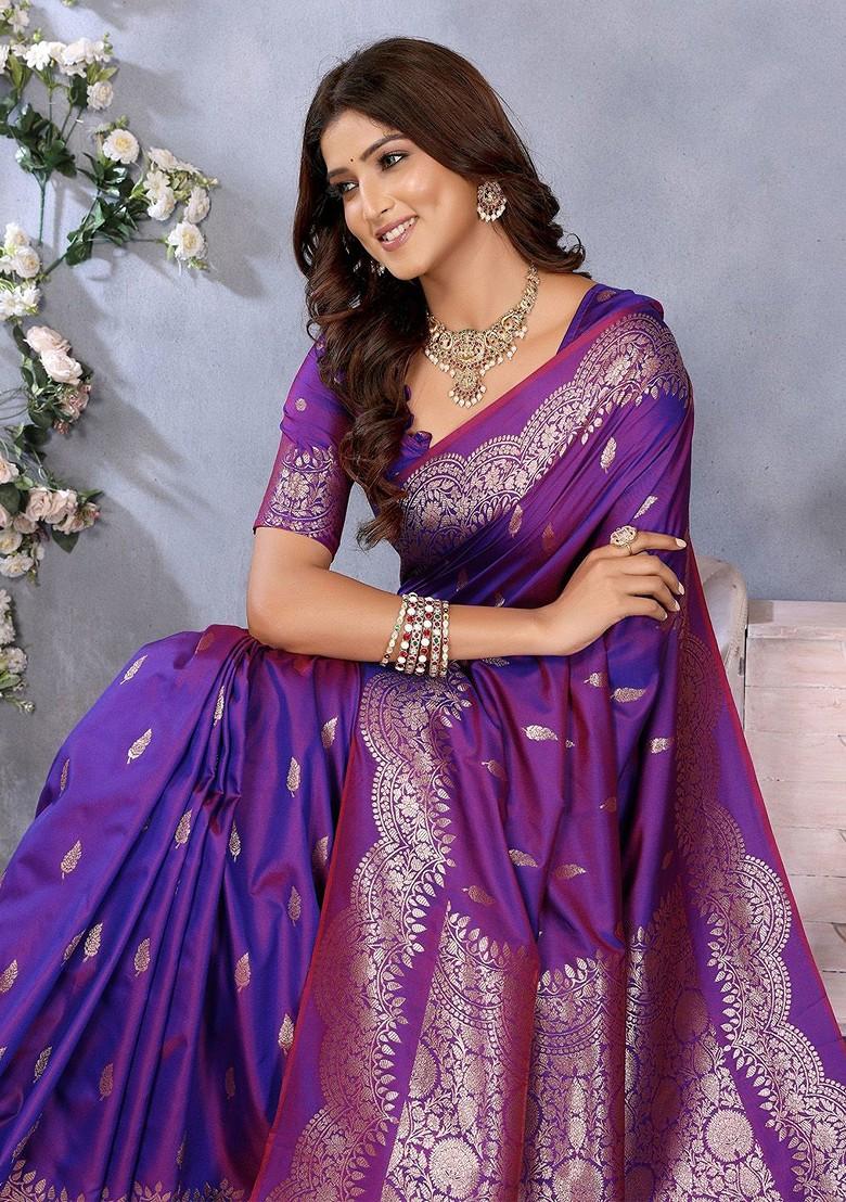 Purple Embroidered Blended Saree Set - Indya