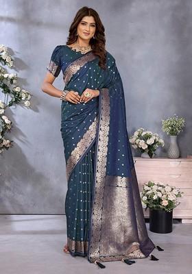 Blue Embroidered Blended Saree Set