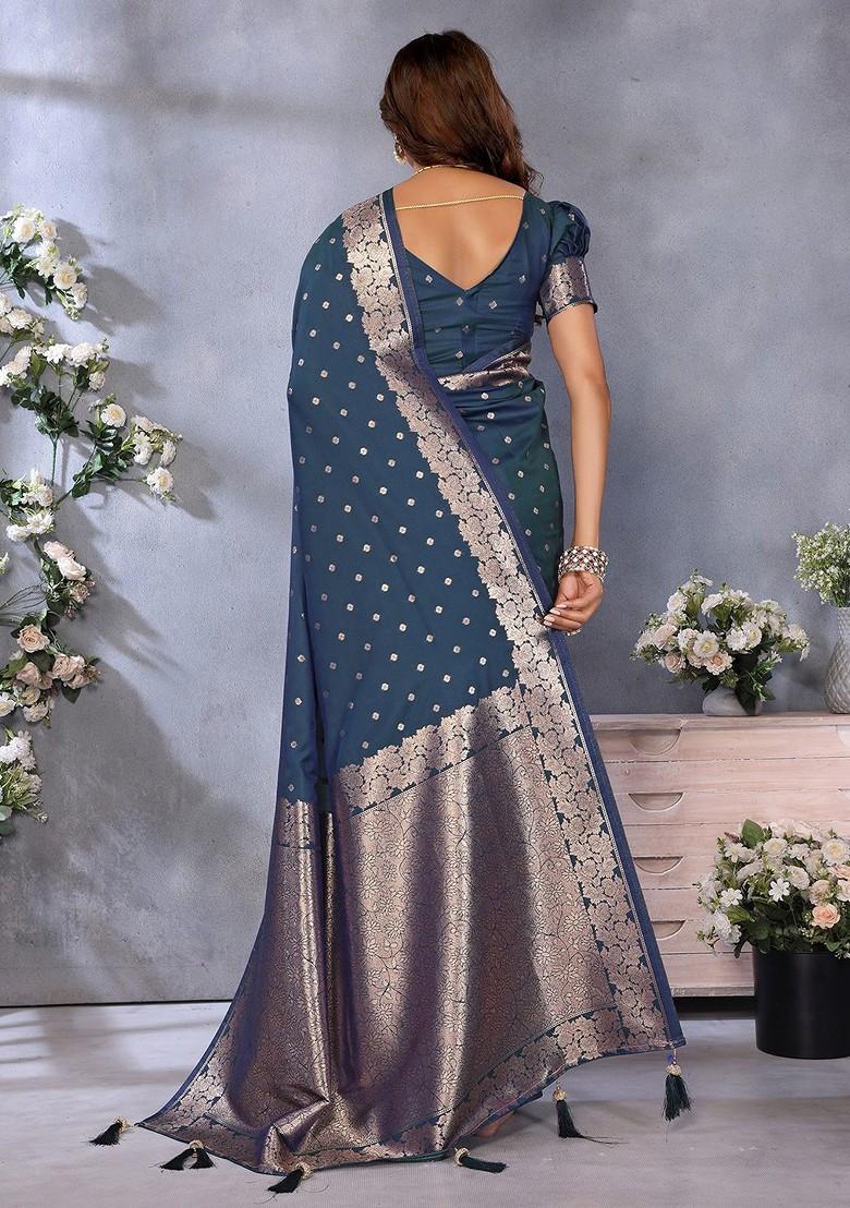 Blue Embroidered Blended Saree Set - Indya