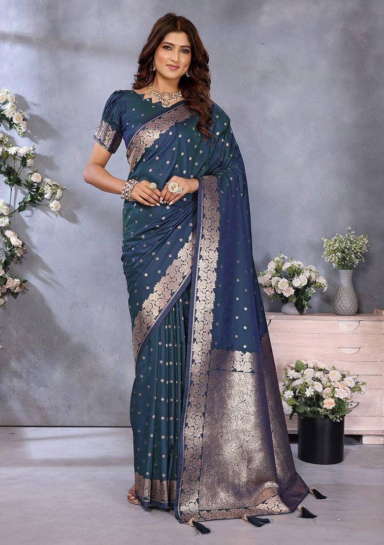 Blue Embroidered Blended Saree Set - Indya