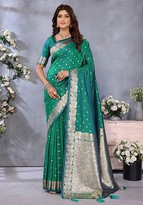 Green Embroidered Blended Saree Set