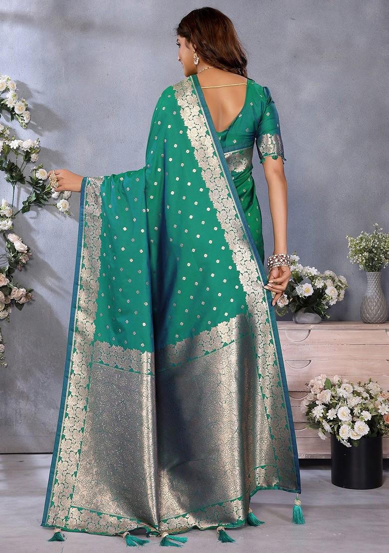 Green Embroidered Blended Saree Set - Indya