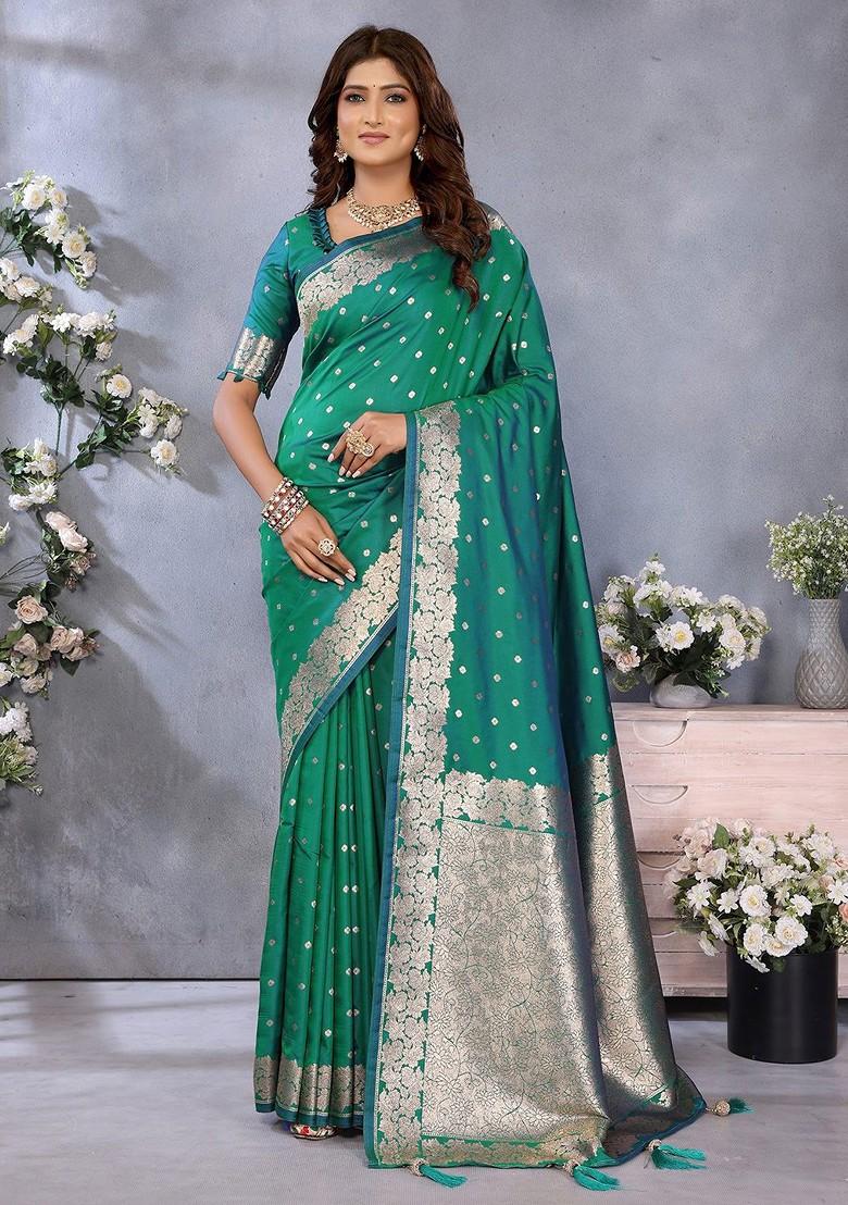 Green Embroidered Blended Saree Set - Indya