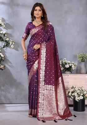 Pink Embroidered Blended Saree Set