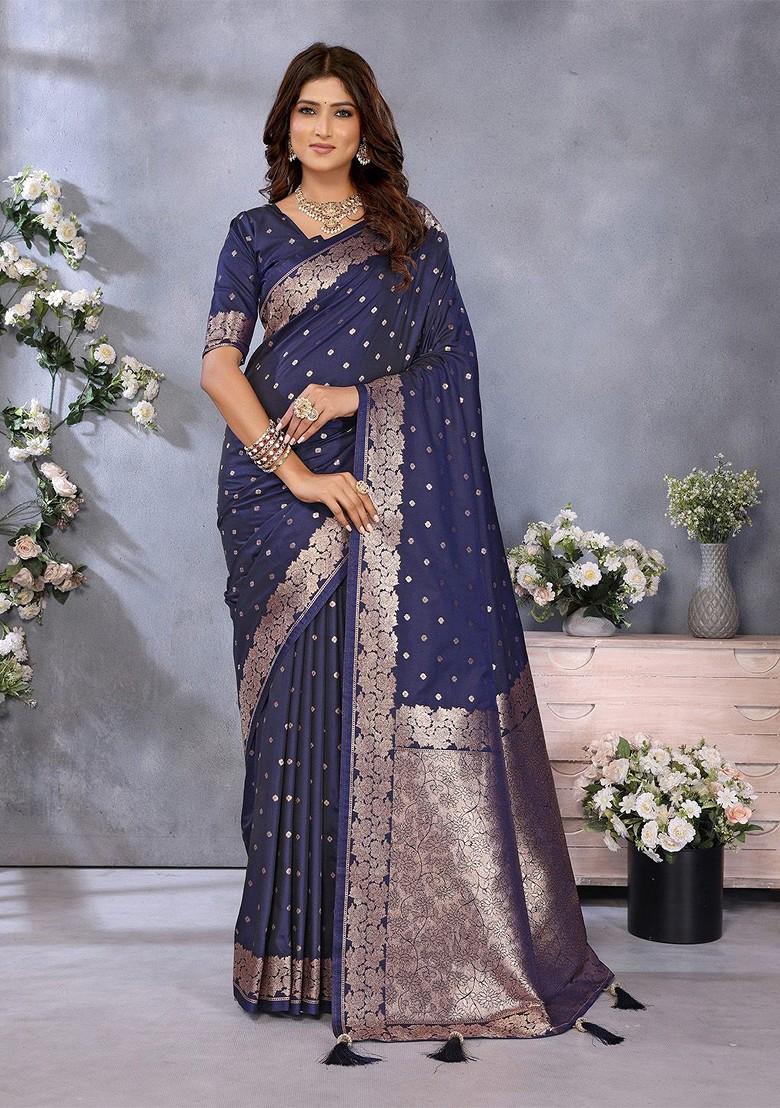 Blue Embroidered Blended Saree Set - Indya