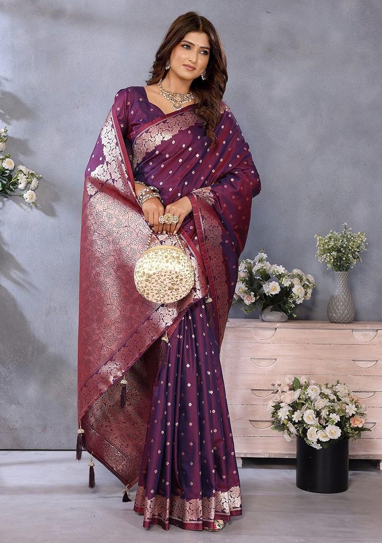 Maroon Embroidered Blended Saree Set - Indya