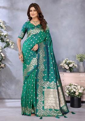 Green Embroidered Blended Saree Set